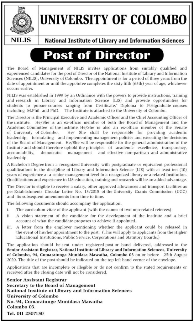 Director – National Institute of Library and Information Sciences (NILIS) – University of Colombo