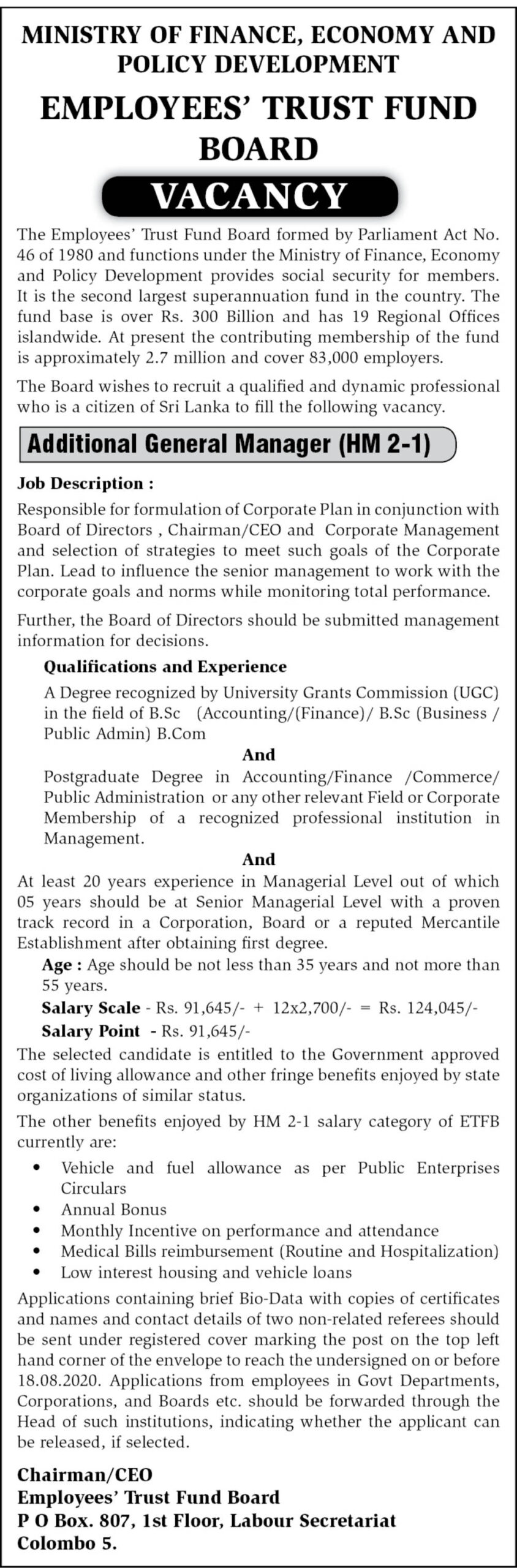 Additional General Manager – Employees’ Trust Fund Board 2