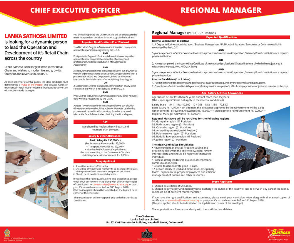 Chief Executive Officer, Regional Manager – Lanka Sathosa Ltd