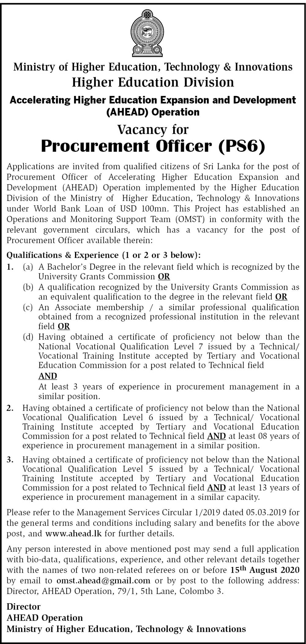 Procurement Officer – Accelerating Higher Education Expansion and Development Operation (AHEAD) Project