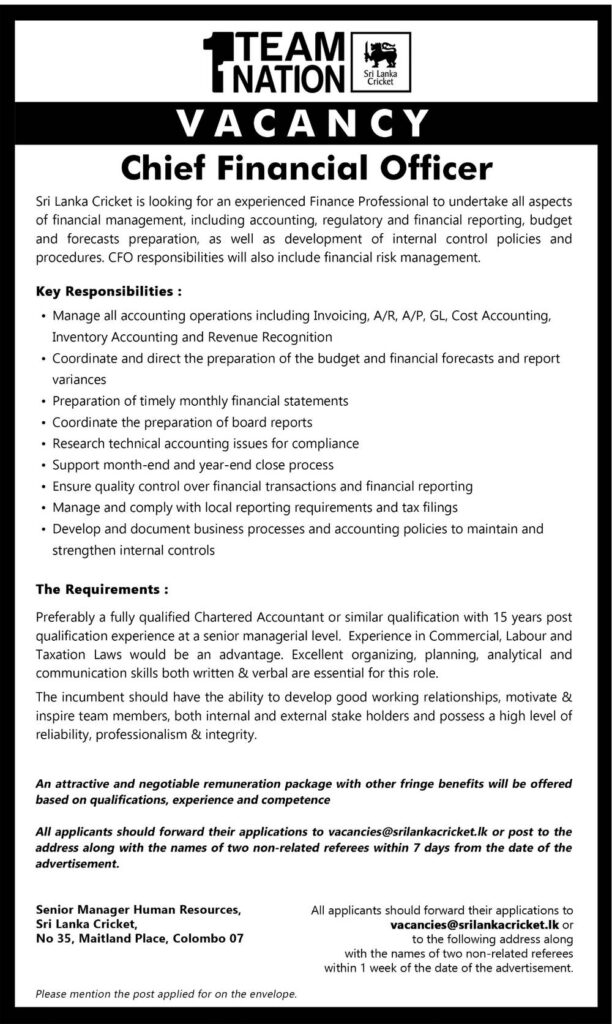 Chief Financial Officer – Sri Lanka Cricket