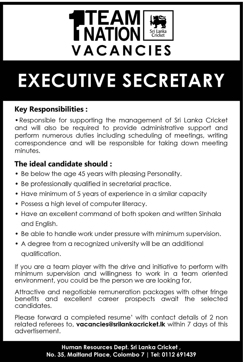 Executive Secretary – Sri Lanka Cricket