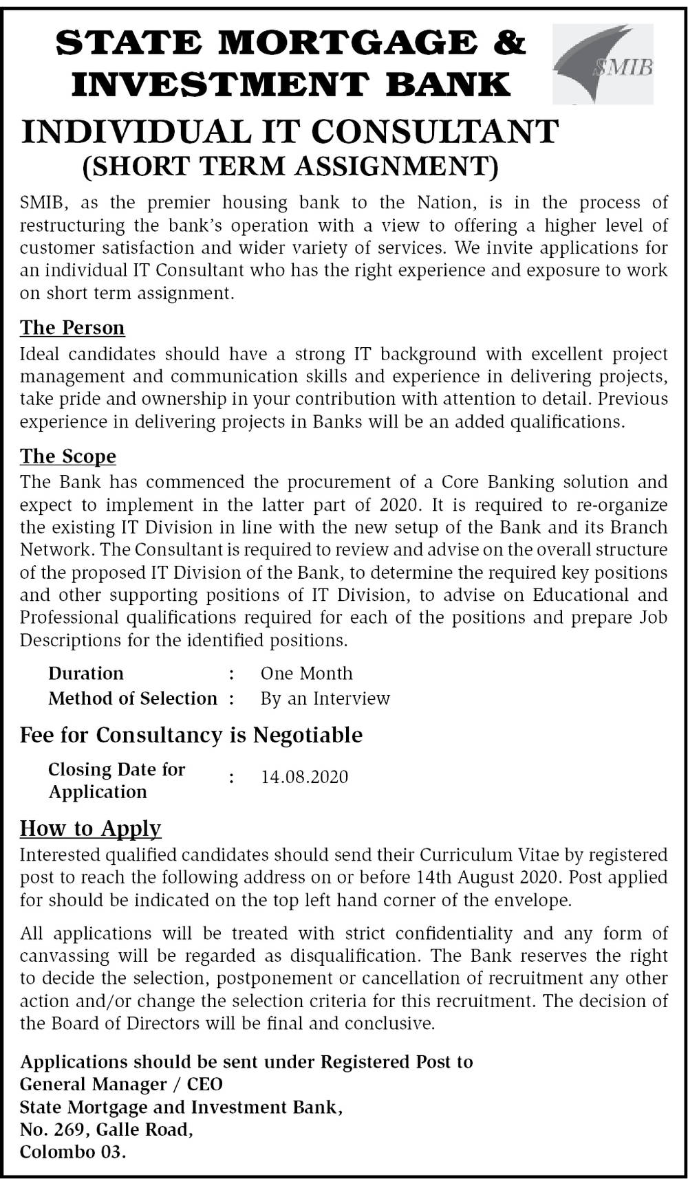 Individual IT Consultant – State Mortgage and Investment Bank