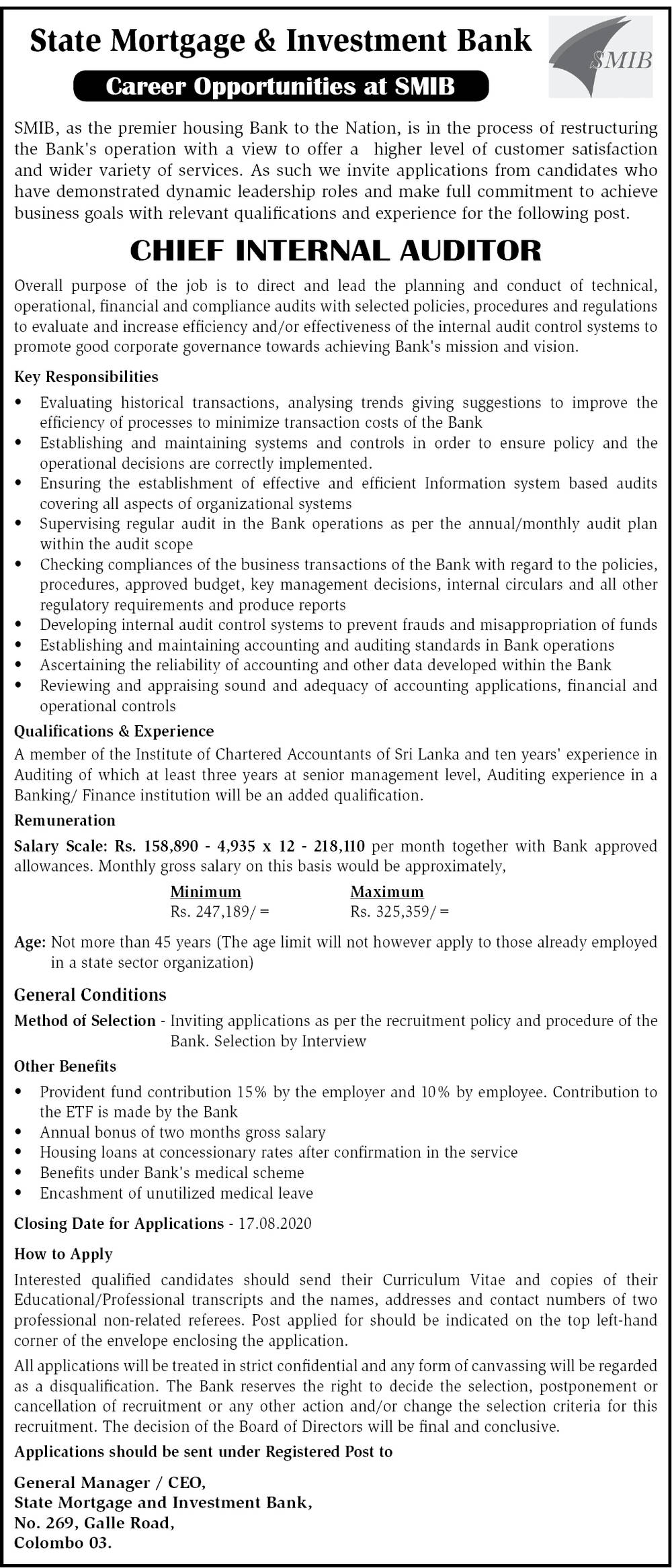 Chief Internal Auditor – State Mortgage and Investment Bank