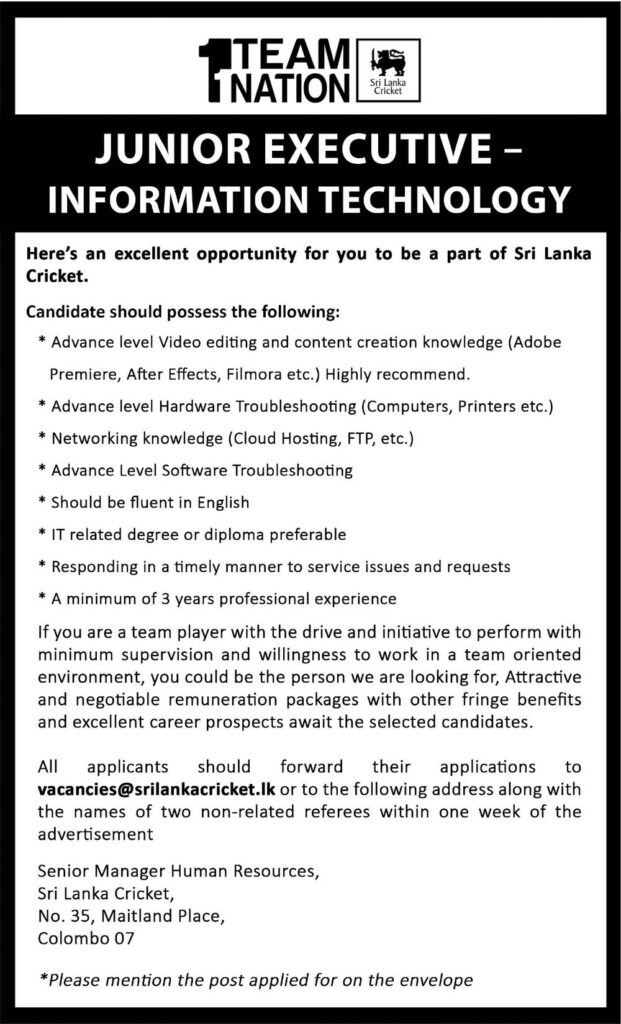 Junior Executive (Information Technology) – Sri Lanka Cricket