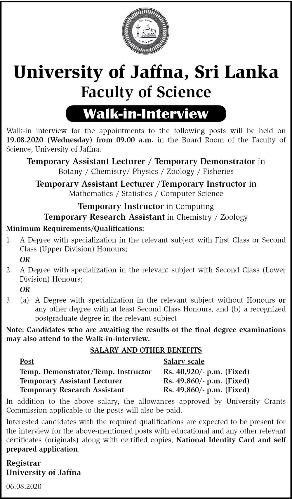 Temporary Assistant Lecturer, Temporary Demonstrator, Temporary Instructor, Temporary Research Assistant – Faculty of Science – University of Jaffna