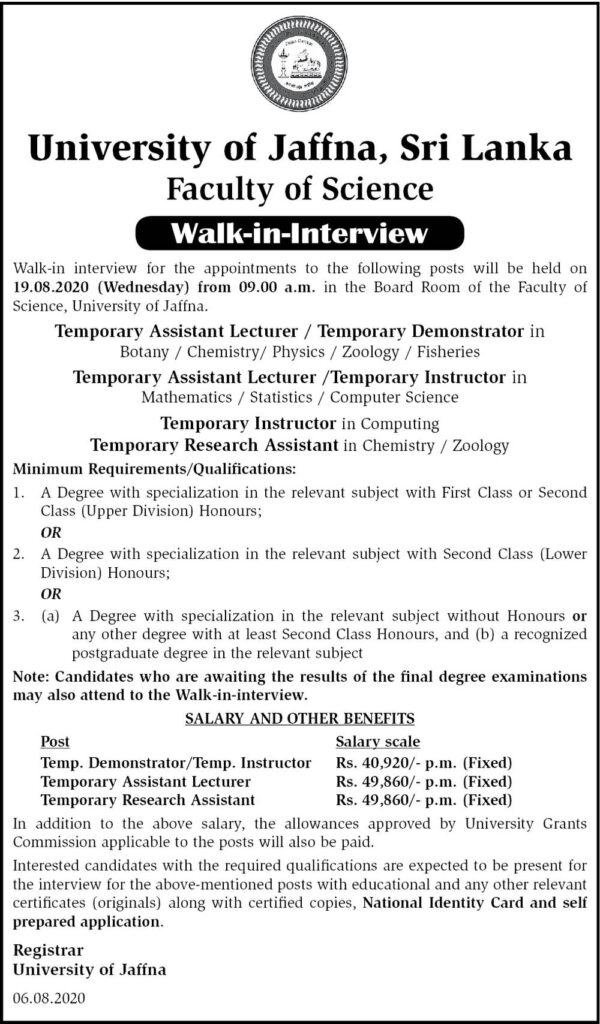 Temporary Research Assistant, Temporary Instructor – Faculty of Engineering – University of Jaffna