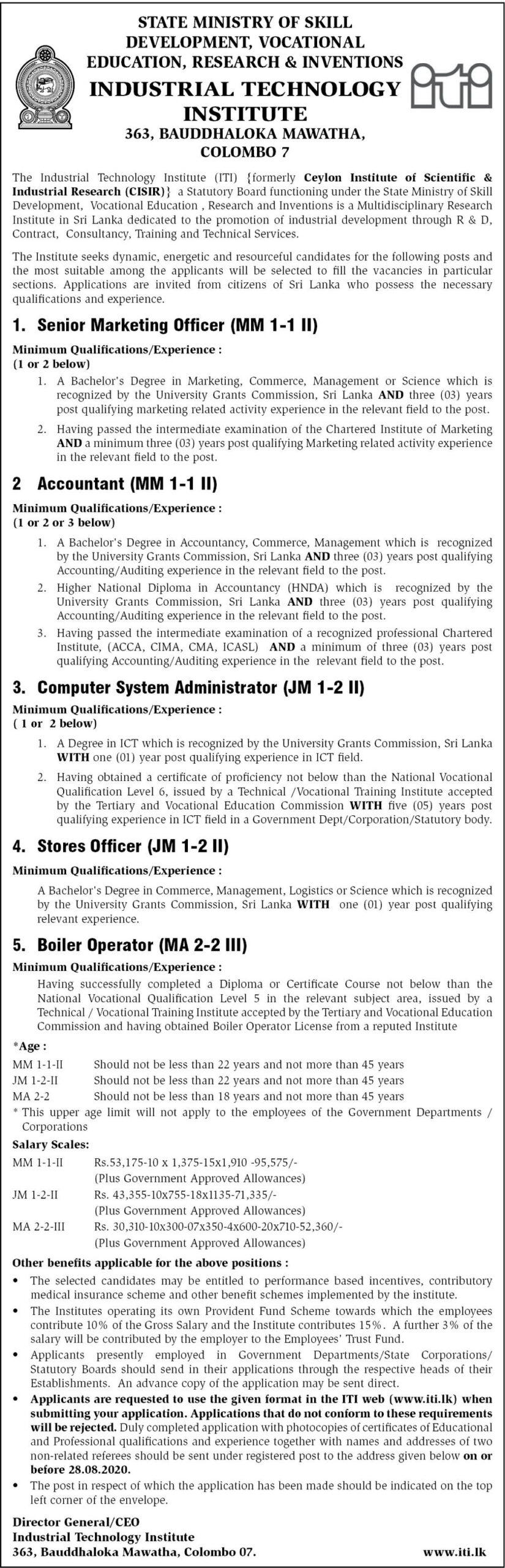 Senior Marketing Officer, Accountant, Computer System Administrator, Stores Officer, Boiler Operator – Industrial Technology Institute (ITI)