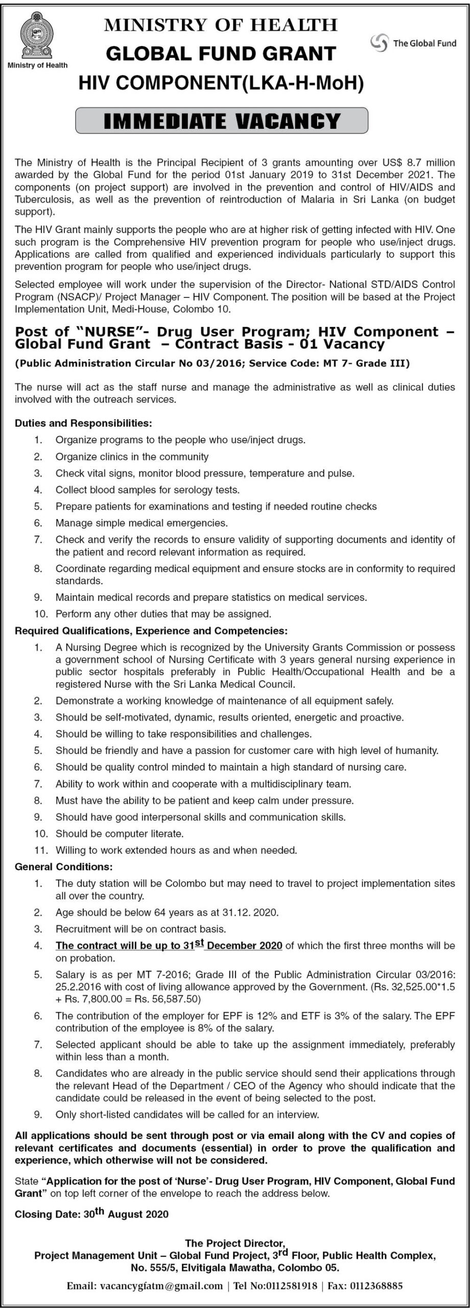 Nurse (Contract Basis) – Ministry of Health
