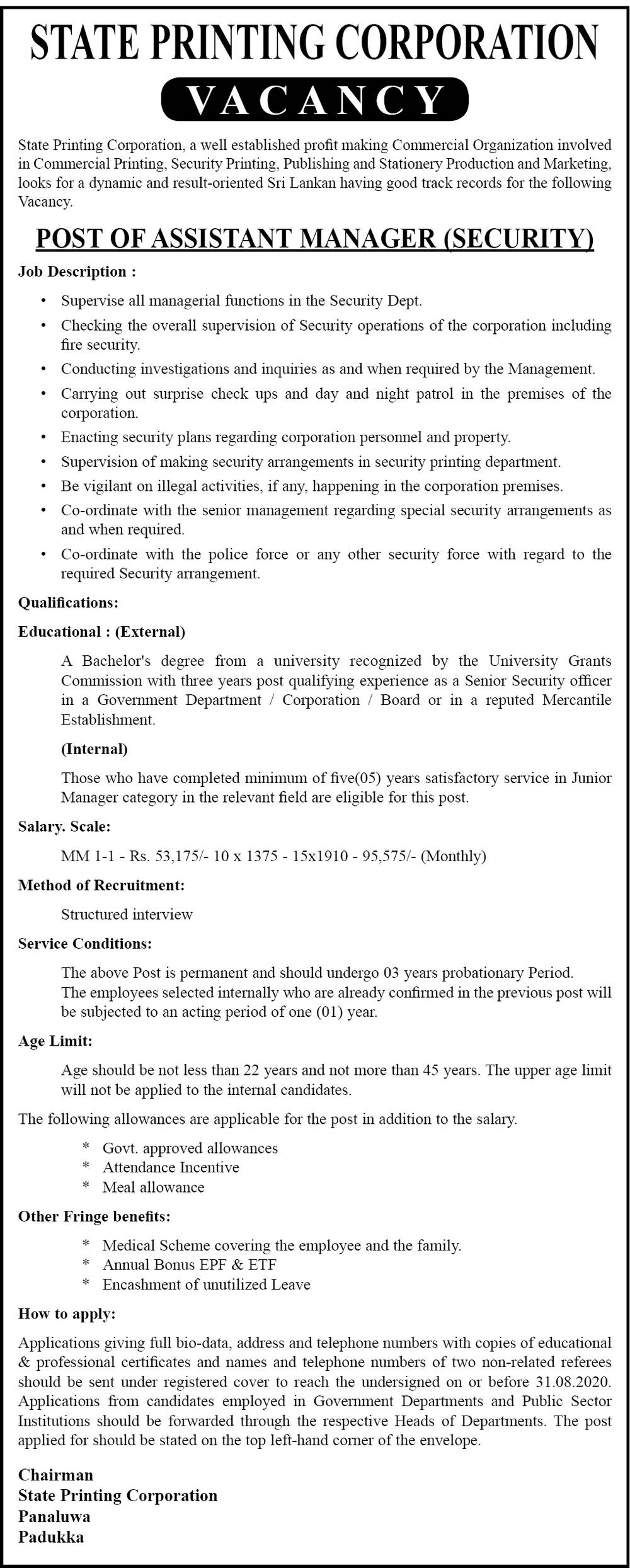 Assistant Manager (Security) – State Printing Corporation