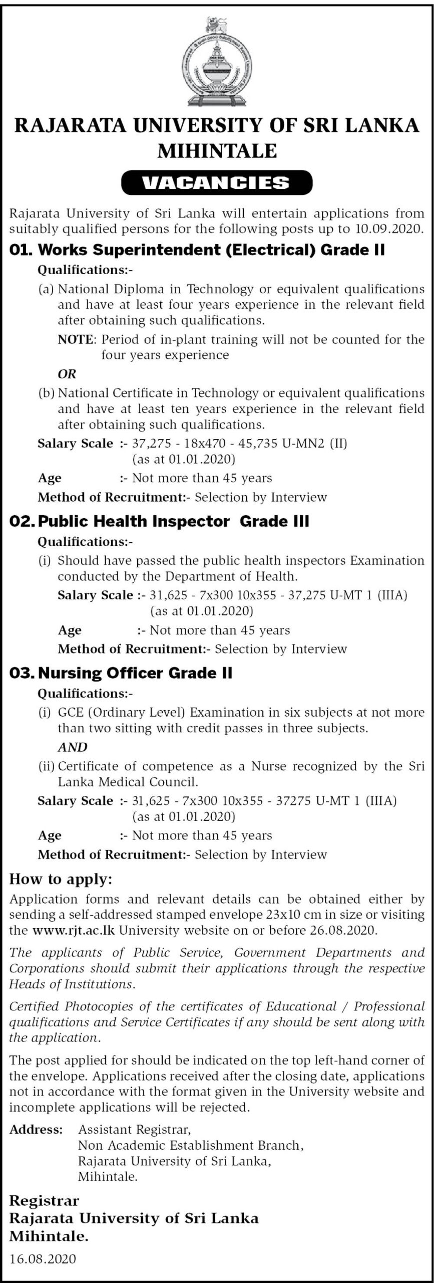 Works Superintendent (Electrical), Public Health Inspector, Nursing Officer – Rajarata University of Sri Lanka