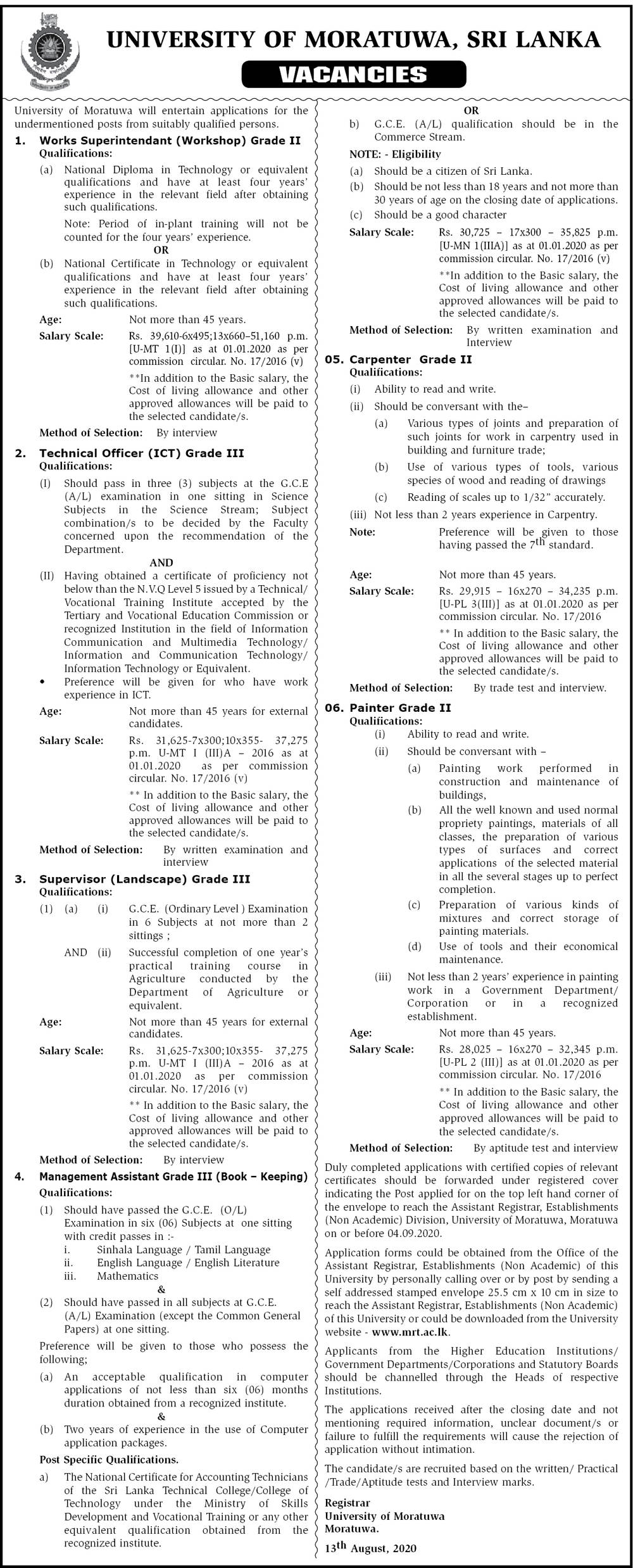 Works Superintendent (Factories), Technical Officer (Information and Communication Technology), Supervisor (Landscape), Management Assistant (Book Keeper), Carpenter, Painter – University of Moratuwa 2