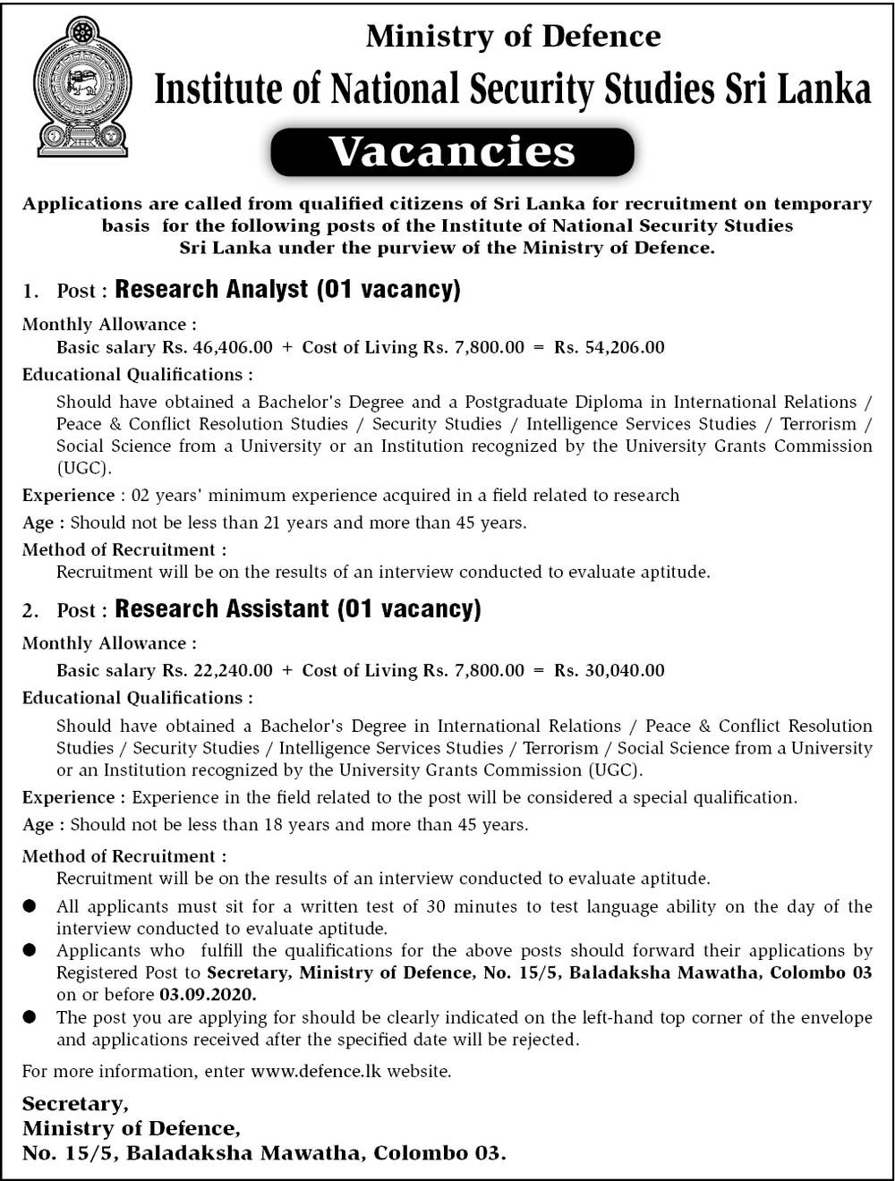 Research Analyst, Research Assistant – Institute of National Security Studies Sri Lanka 2