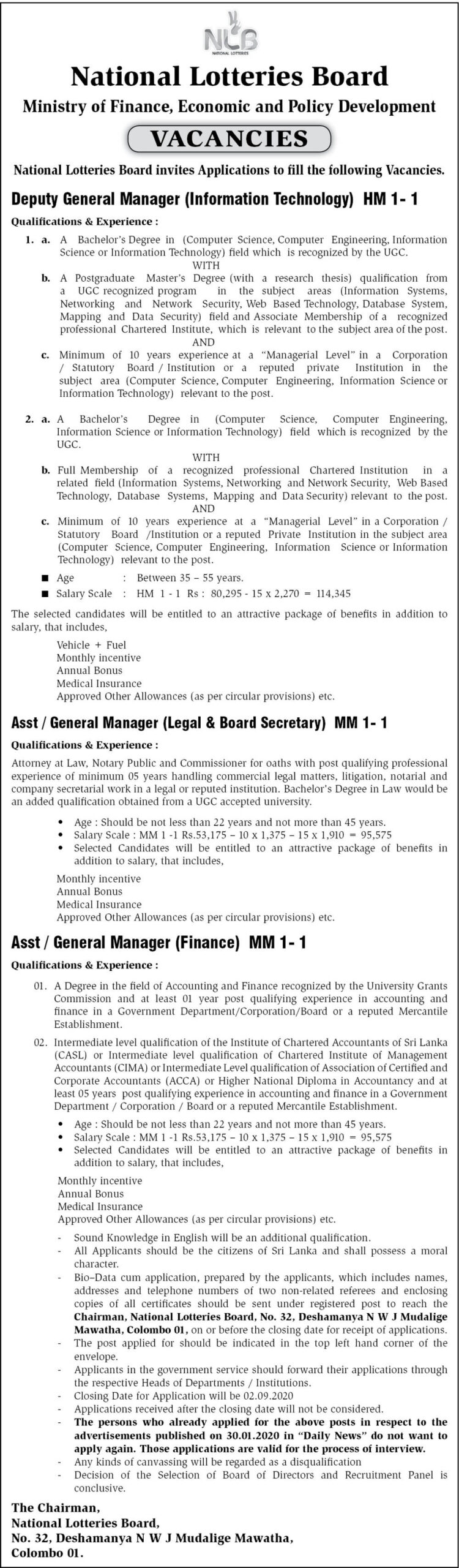 Deputy General Manager (Information Technology), Assistant General Manager (Legal and Board Secretary / Finance) – National Lotteries Board 2