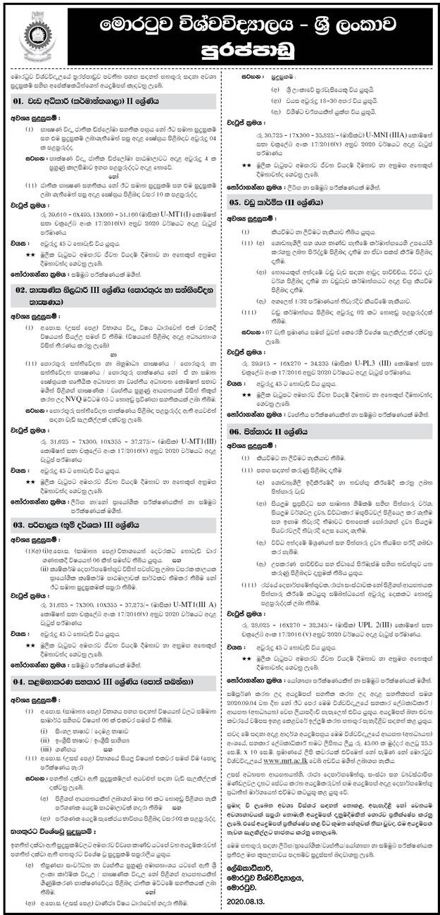 Works Superintendent (Factories), Technical Officer (Information and Communication Technology), Supervisor (Landscape), Management Assistant (Book Keeper), Carpenter, Painter – University of Moratuwa