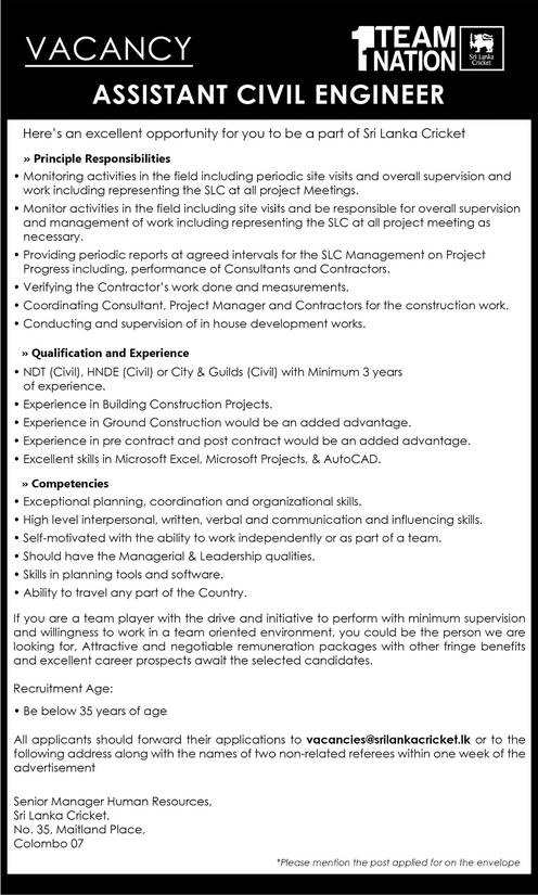 Assistant Civil Engineer – Sri Lanka Cricket
