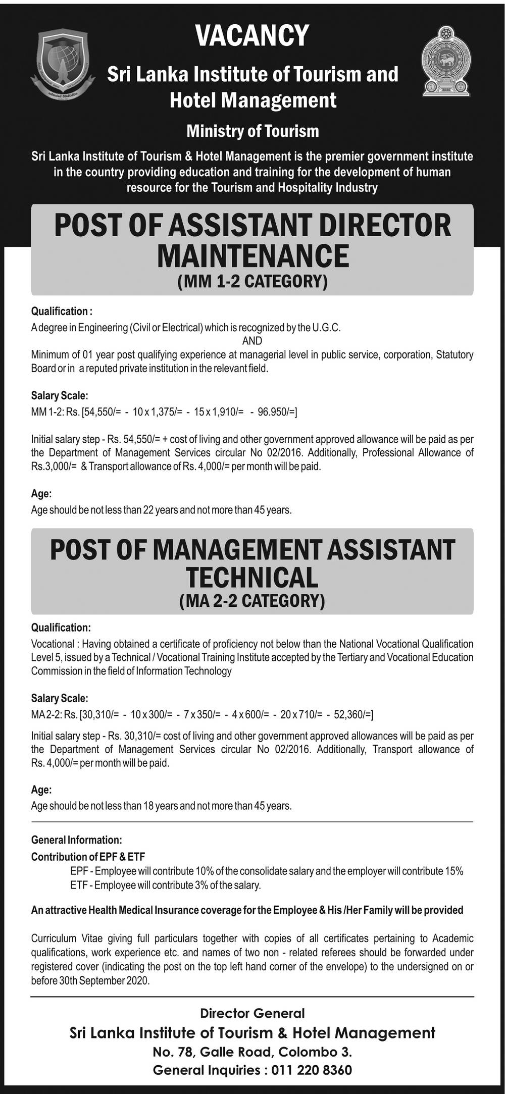 Assistant Director (Maintenance), Management Assistant (Technical) – Sri Lanka Institute of Tourism and Hotel Management
