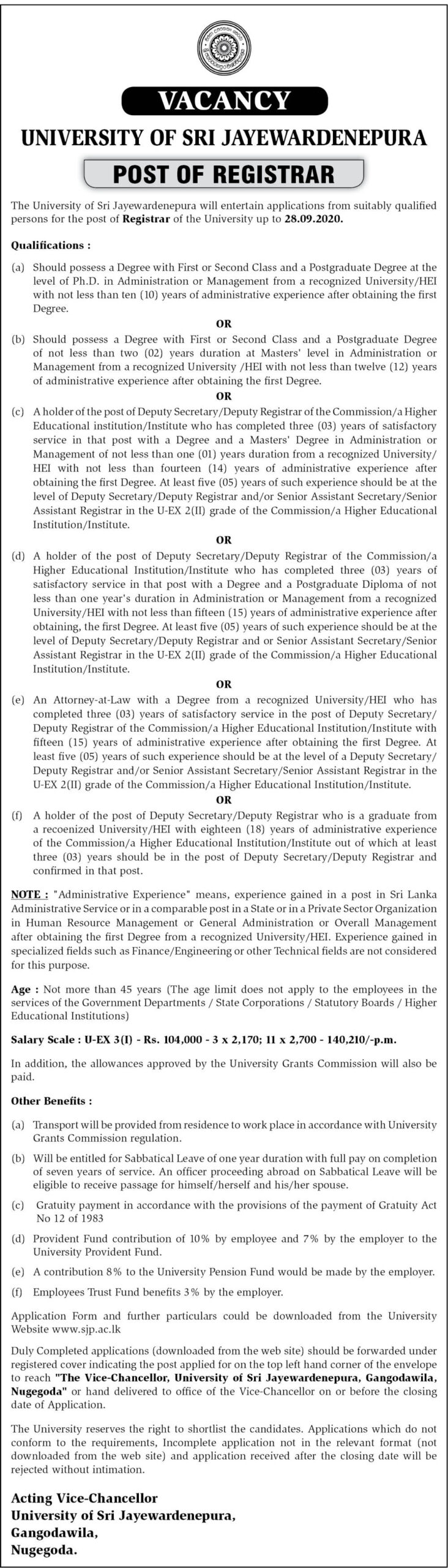 Registrar – University of Sri Jayewardenepura