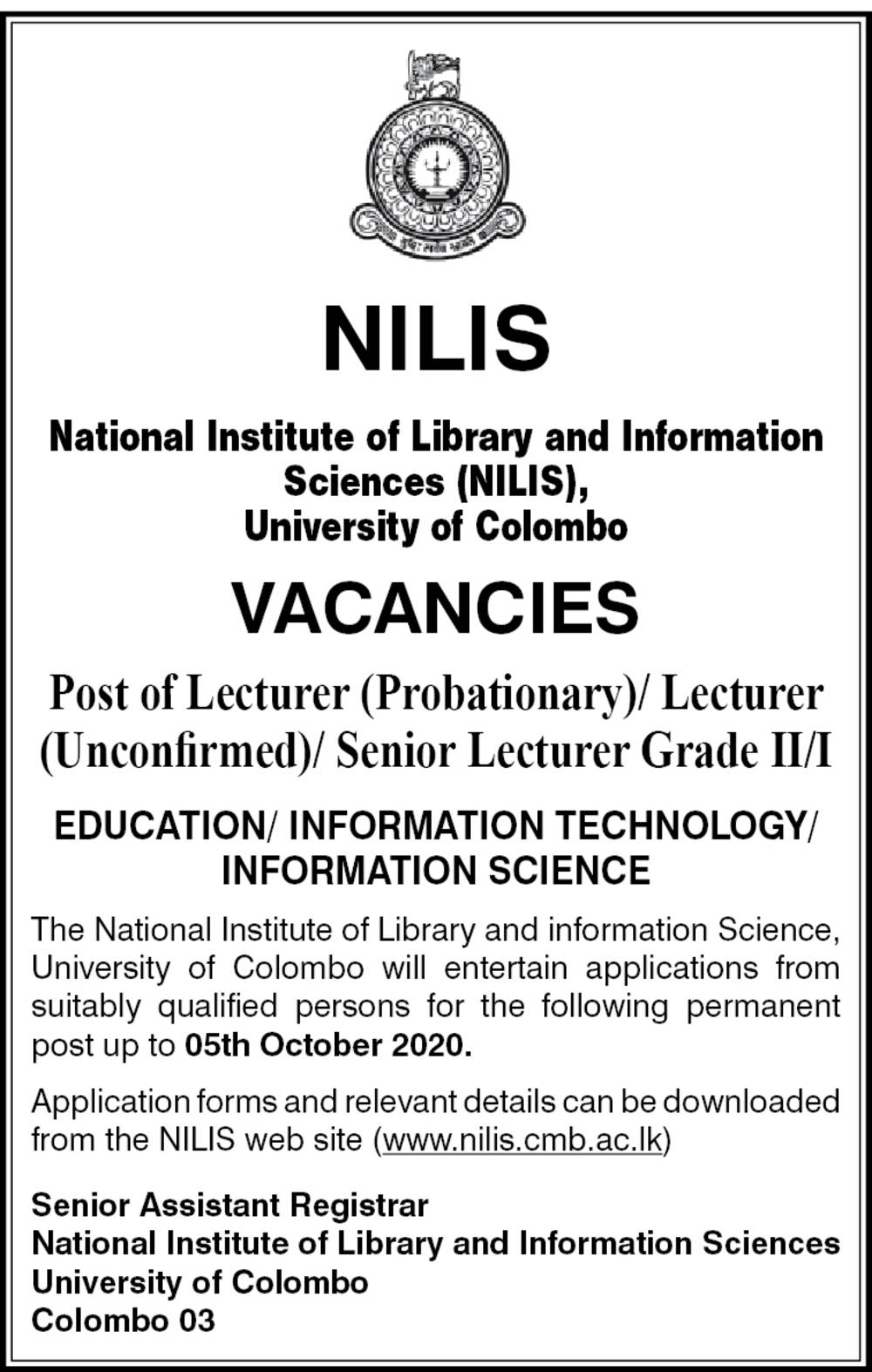 Lecturer (Probationary), Lecturer (Unconfirmed), Senior Lecturer (Grade II / I) – National Institute of Library and Information Sciences (NILIS) – University of Colombo