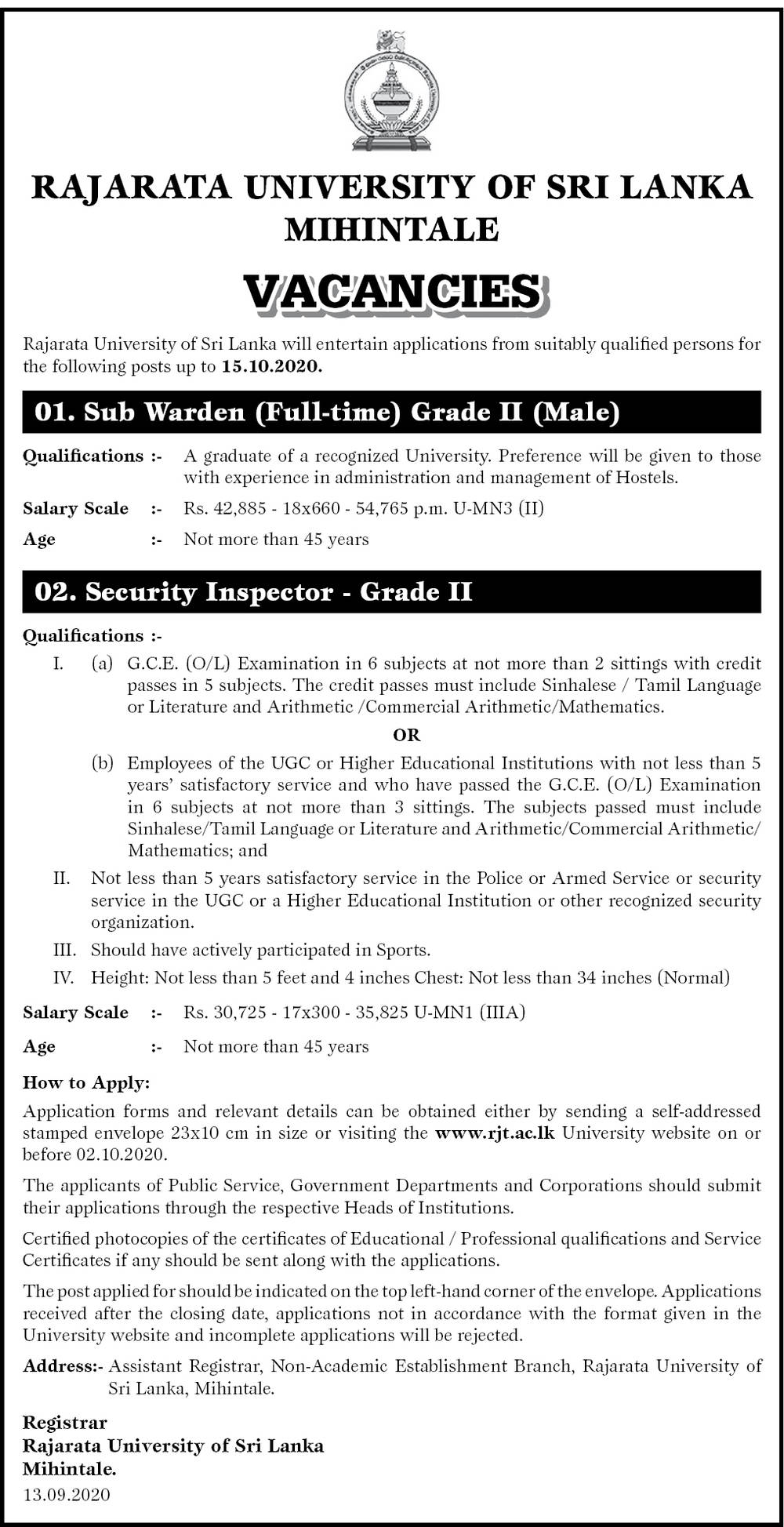 Sub Warden (Full Time) Grade II (Male), Security Inspector (Grade II) – Rajarata University