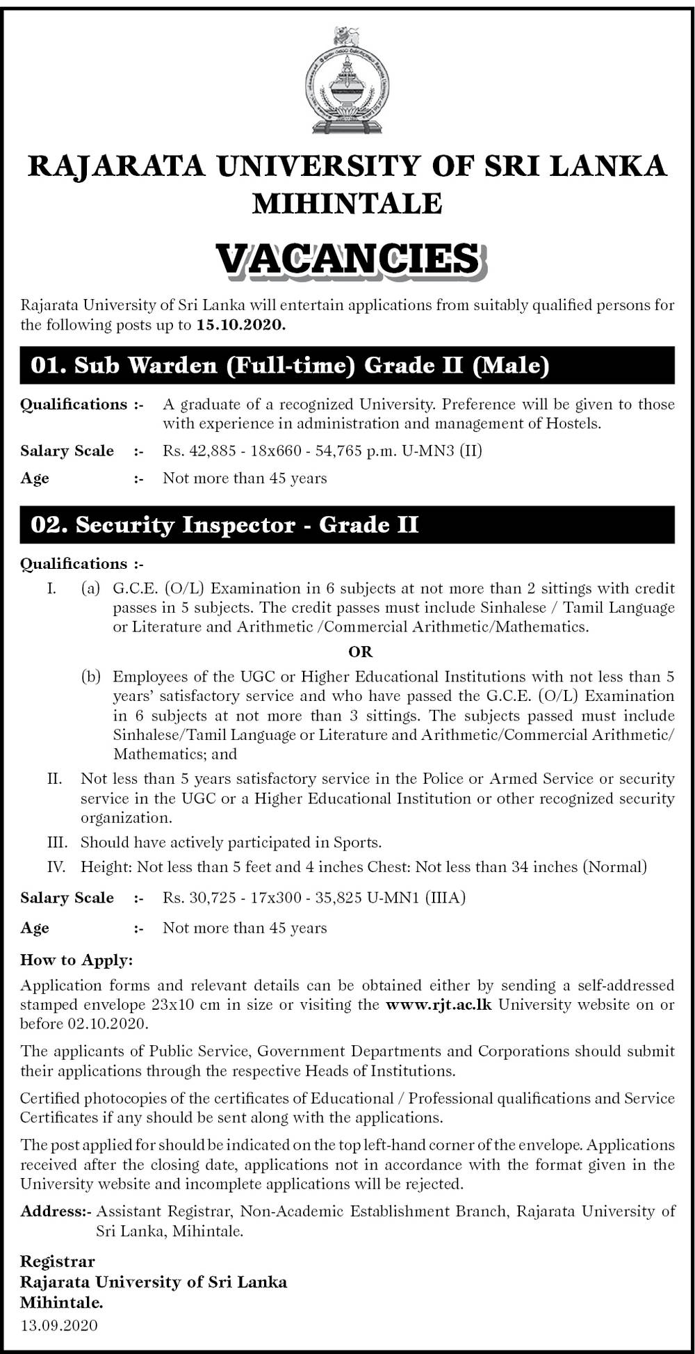 Sub Warden (Full Time) Grade II (Male), Security Inspector (Grade II) – Rajarata University