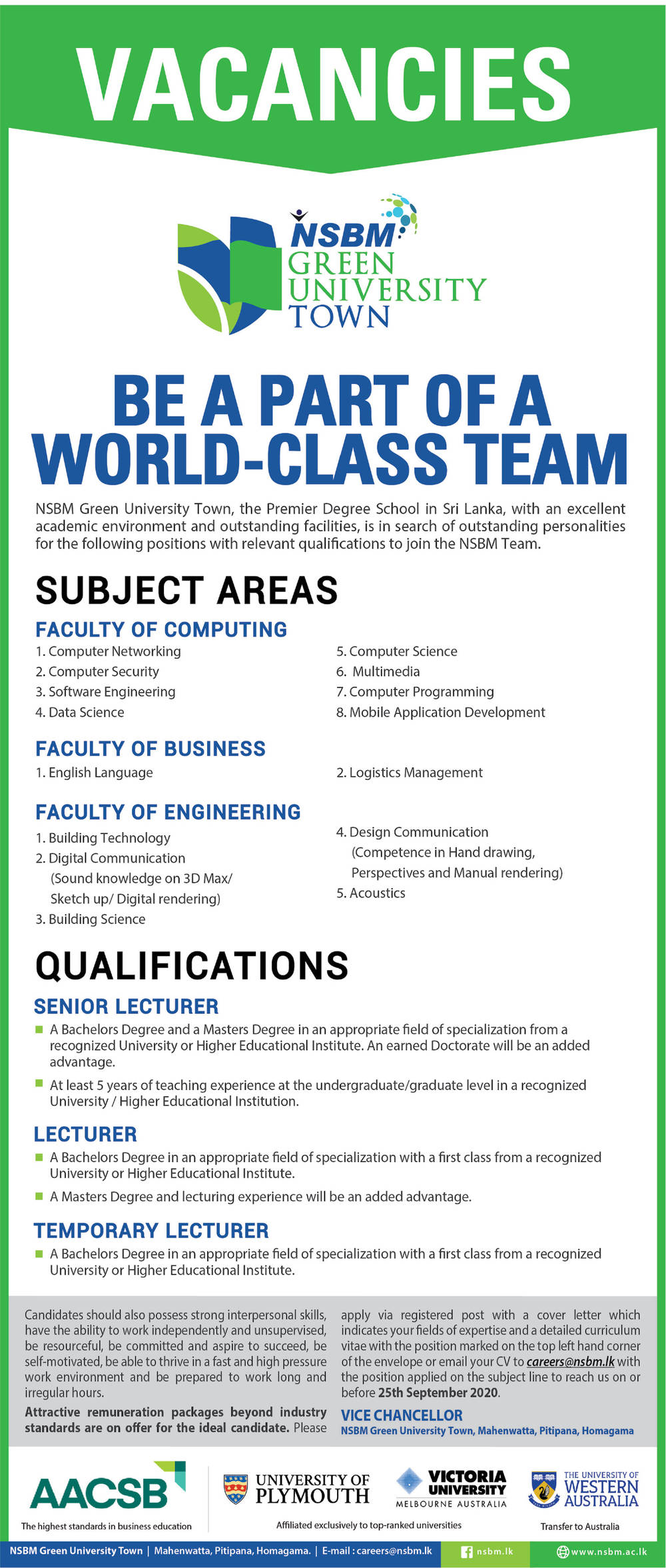 Senior Lecturer, Lecturer, Temporary Lecturer – National School of Business Management