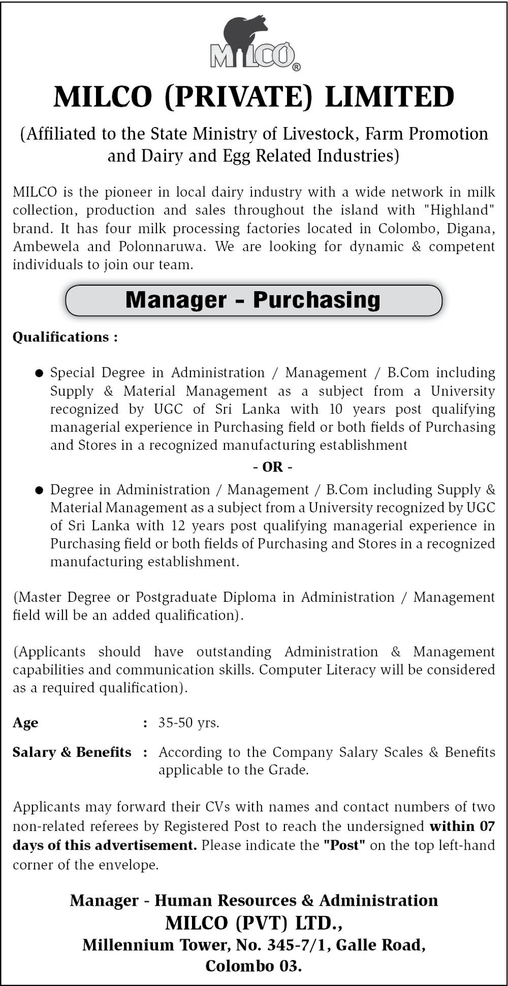 Manager (Purchasing) – Milco (Private) Limited