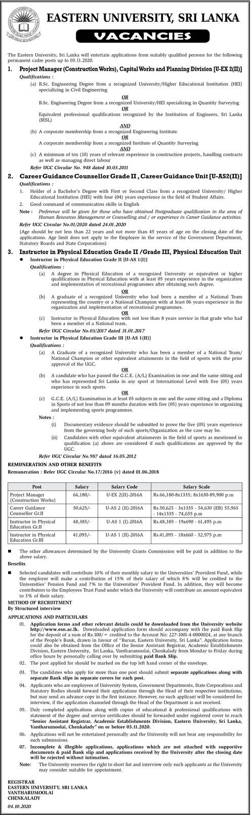 Project Manager (Construction Works), Career Guidance Counsellor (Grade II), Instructor in Physical Education – Eastern University