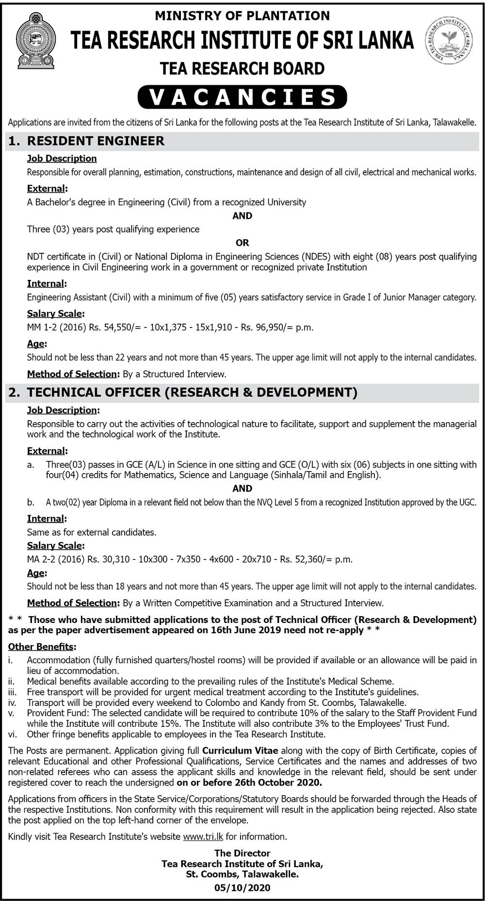 Resident Engineer, Technical Officer (Research and Development) – Tea Research Institute 2