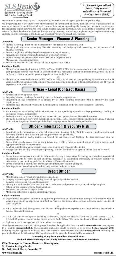 Senior Manager (Finance and Planning); Legal Officer; Information and Security Risk Officer; Credit Officer – Sri Lanka Savings Bank 1