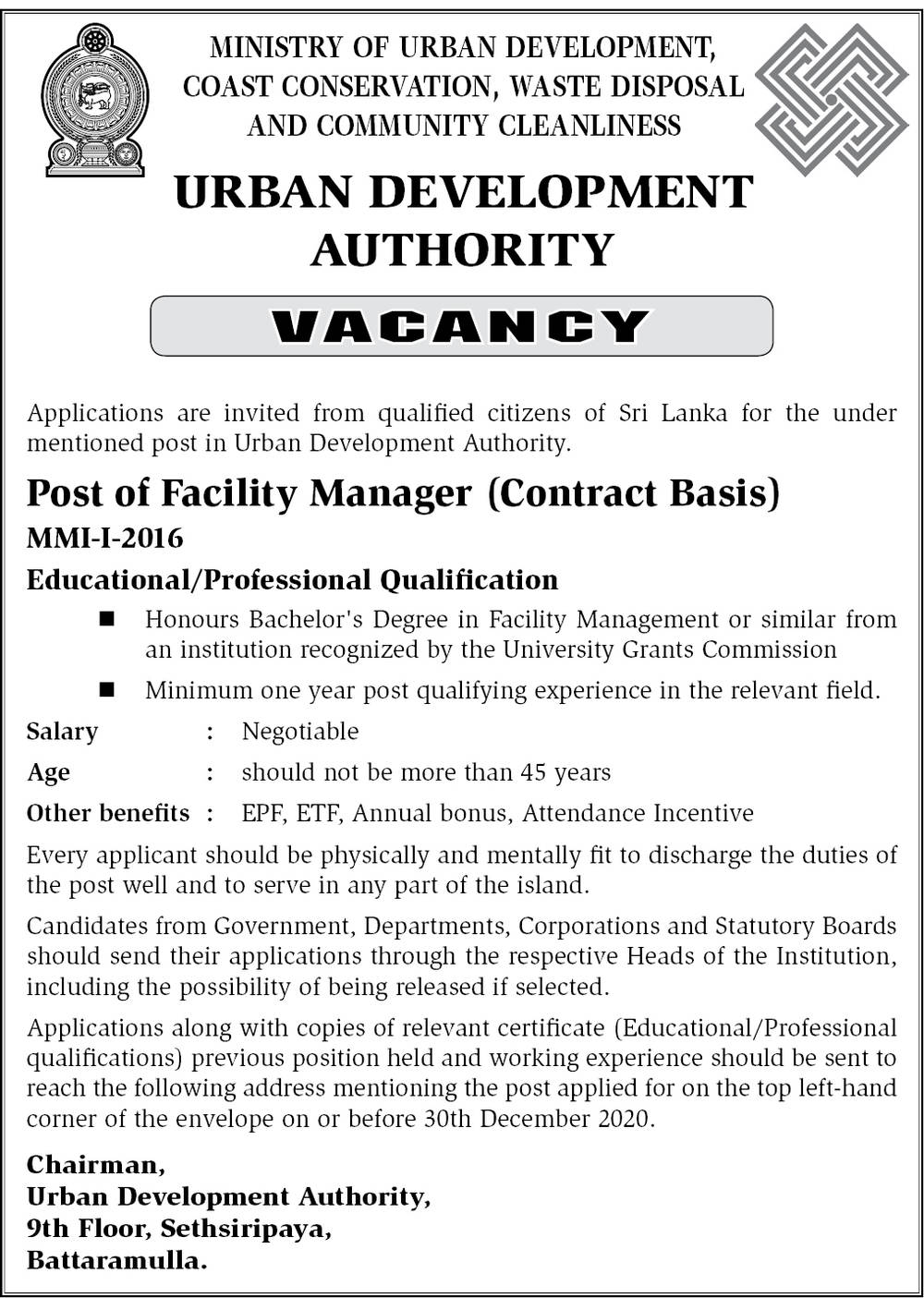 Facility Manager (Contract Basis) – Urban Development Authority