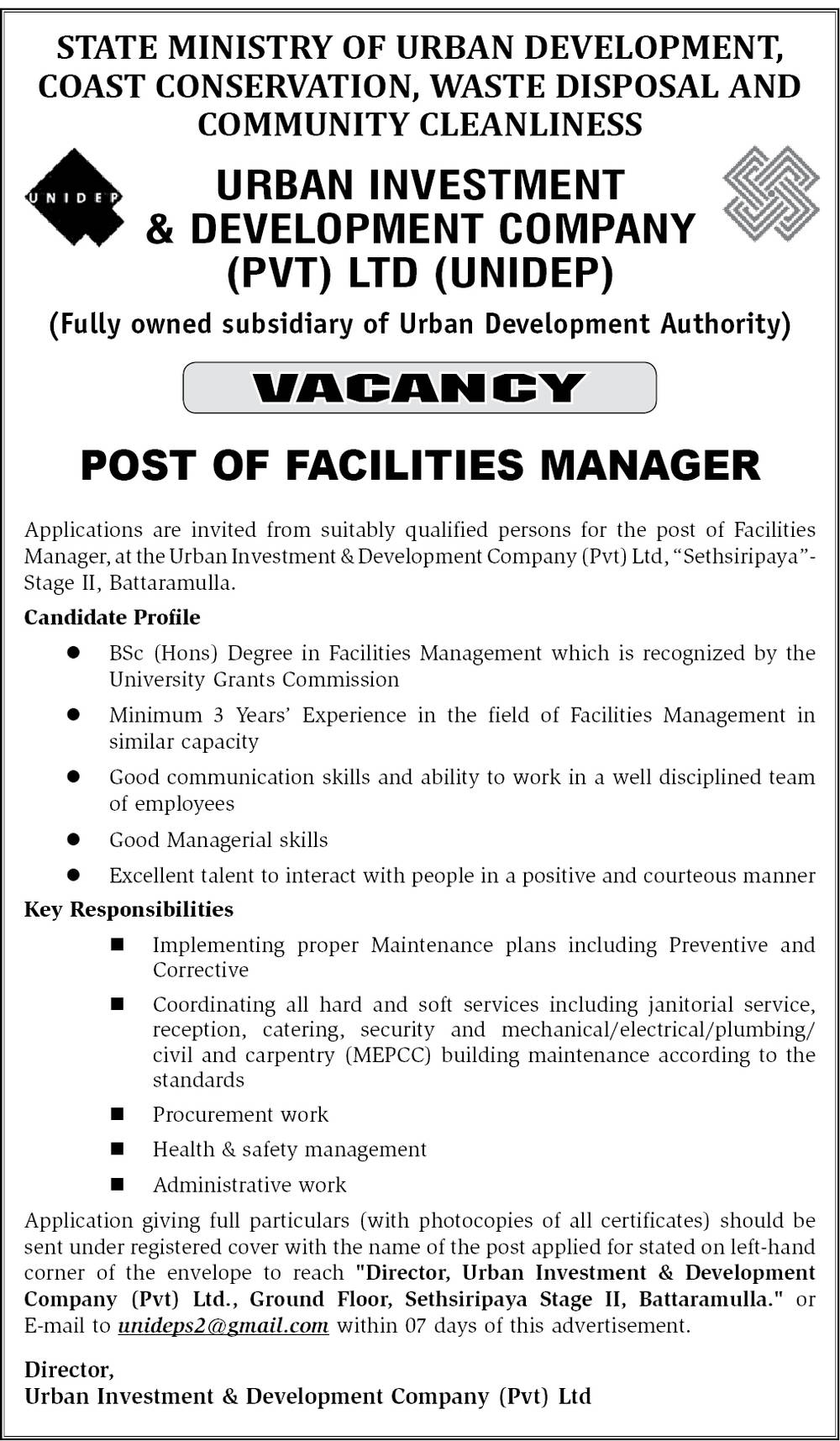 Facilities Manager – Urban Investment and Development Company (PVT) Ltd (UNIDEP)