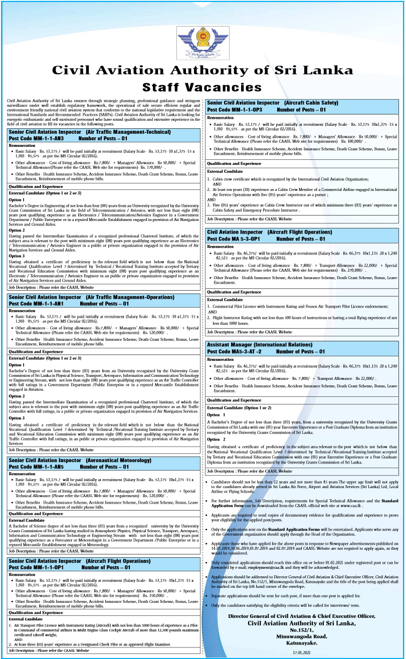 Senior Civil Aviation Inspector, Civil Aviation Inspector, Assistant Manager – Civil Aviation Authority of Sri Lanka 