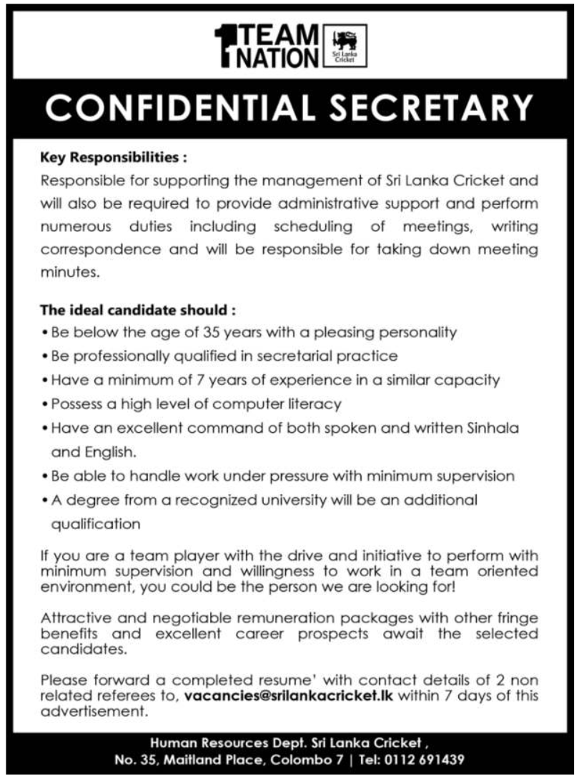 Confidential Secretary – Sri Lanka Cricket