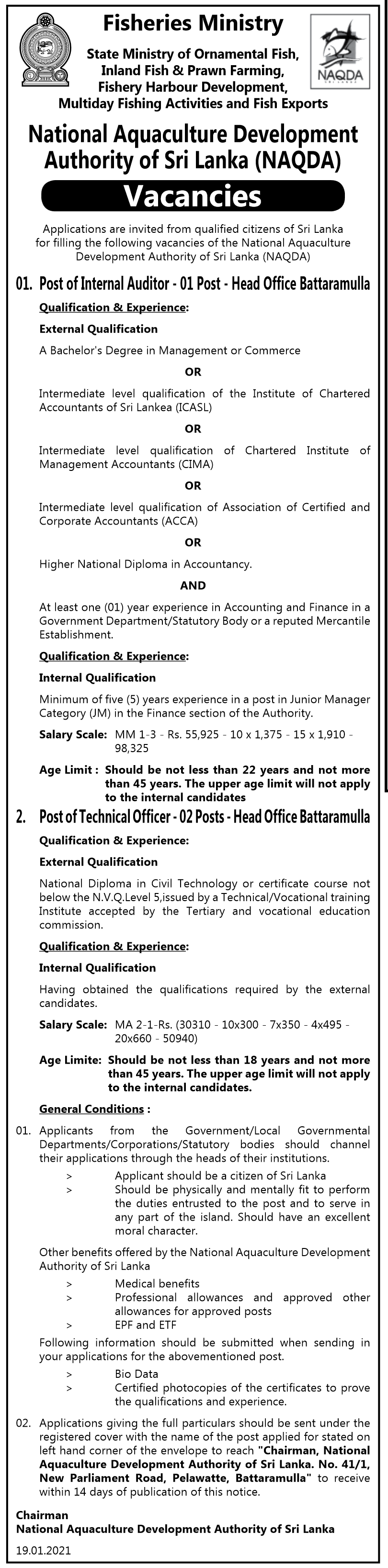 Internal Auditor, Technical Officer – National Aquaculture Development Authority of Sri Lanka