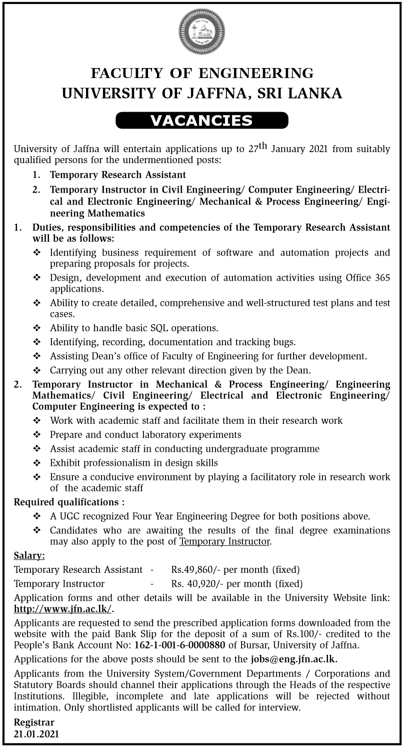 Temporary Research Assistant, Temporary Instructor – Faculty of Engineering – University of Jaffna