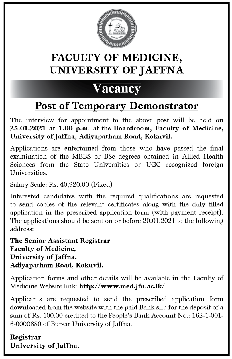 Temporary Demonstrator – Faculty of Medicine – University of Jaffna