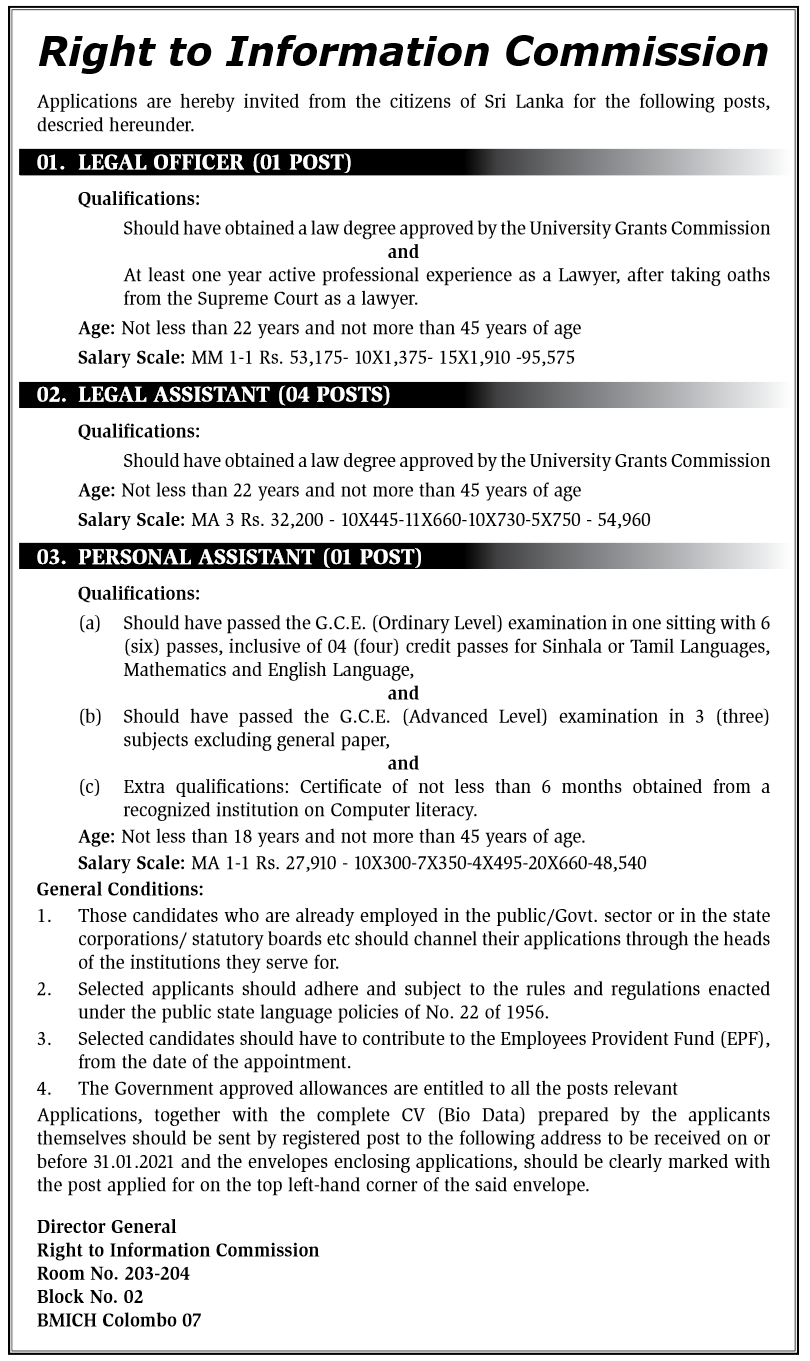 Legal Officer, Legal Assistant, Personal Assistant – Right to Information Commission 2