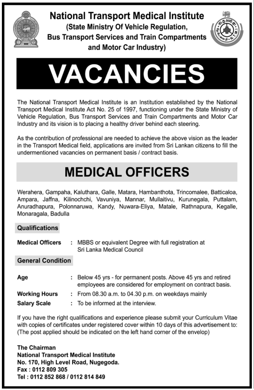 Medical Officers – National Transport Medical Institute