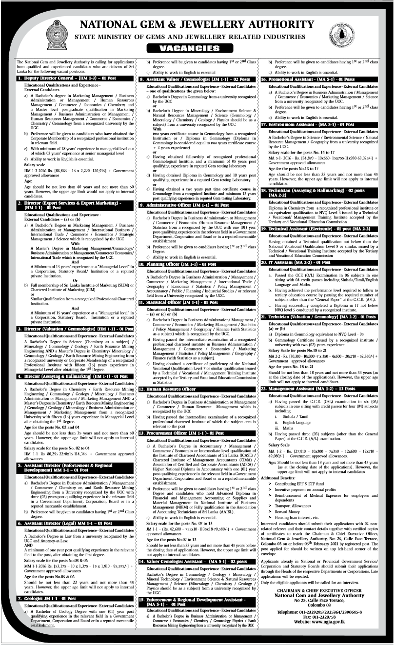 Management Assistant - National Gem and Jewellery Authority Vacancies 2021