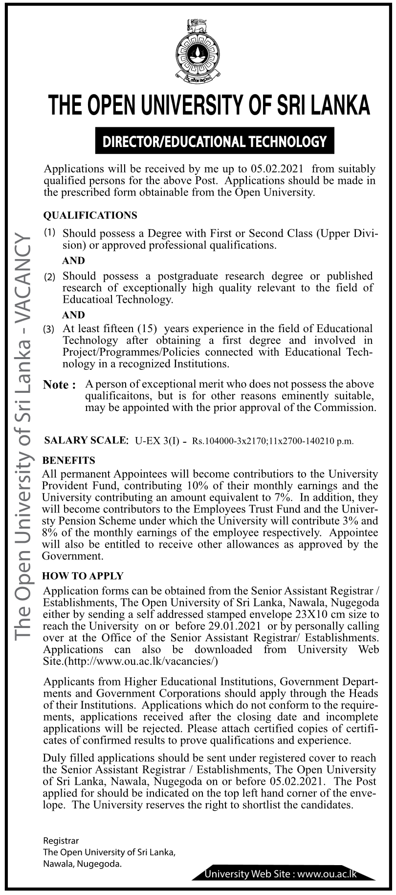 Director (Educational Technology) – Open University of Sri Lanka