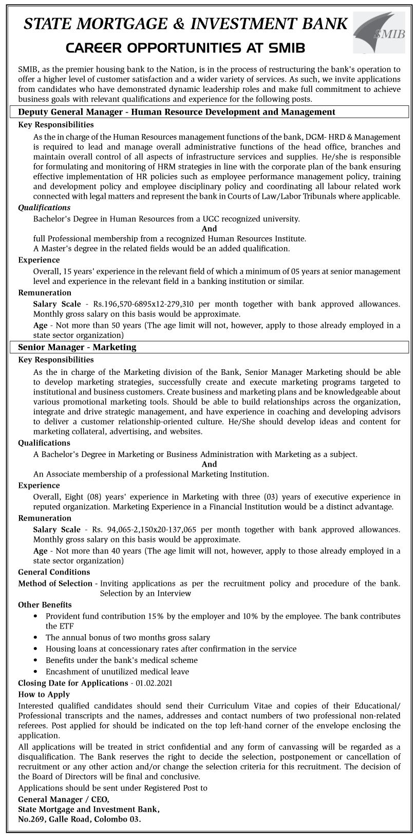 Senior Manager (Marketing), Deputy General Manager (Human Resource Development and Management) – State Mortgage and Investment Bank