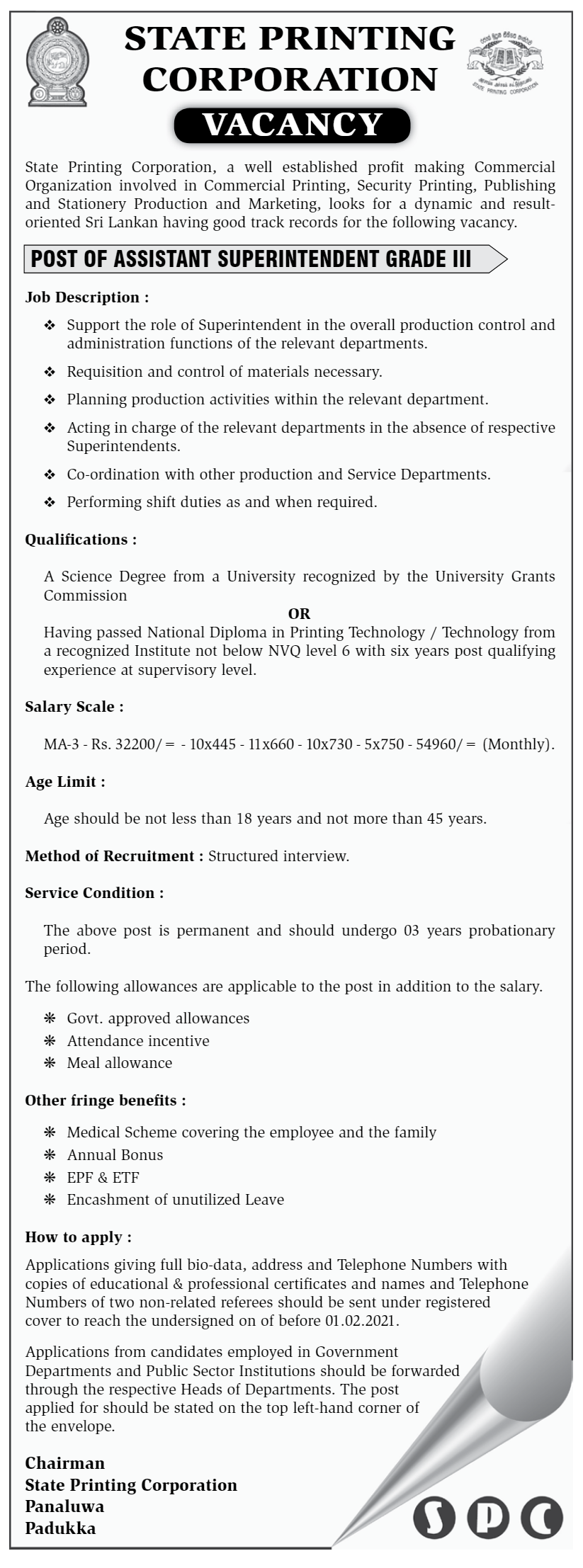 Assistant Superintendent (Grade III) – State Printing Corporation