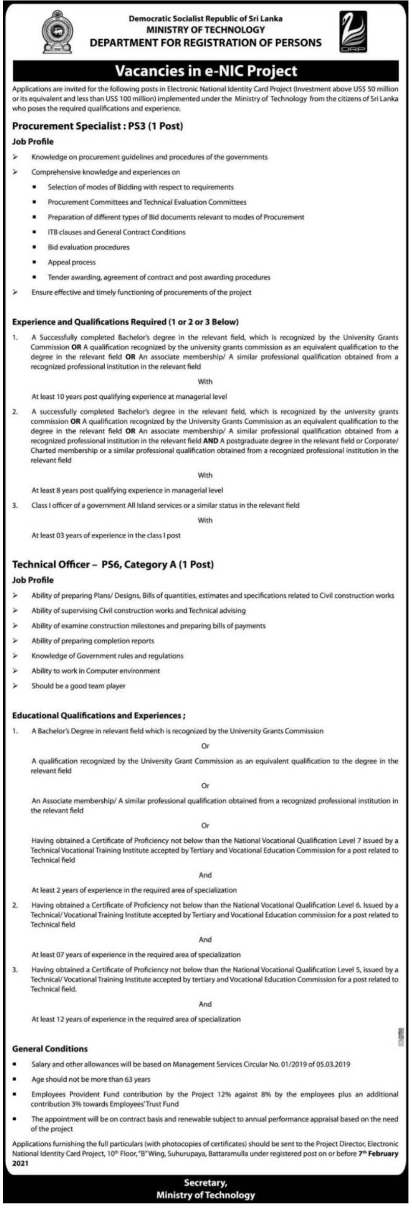 Technical Officer, Procurement Specialist – Electronic National Identity Card (e-NIC) Project