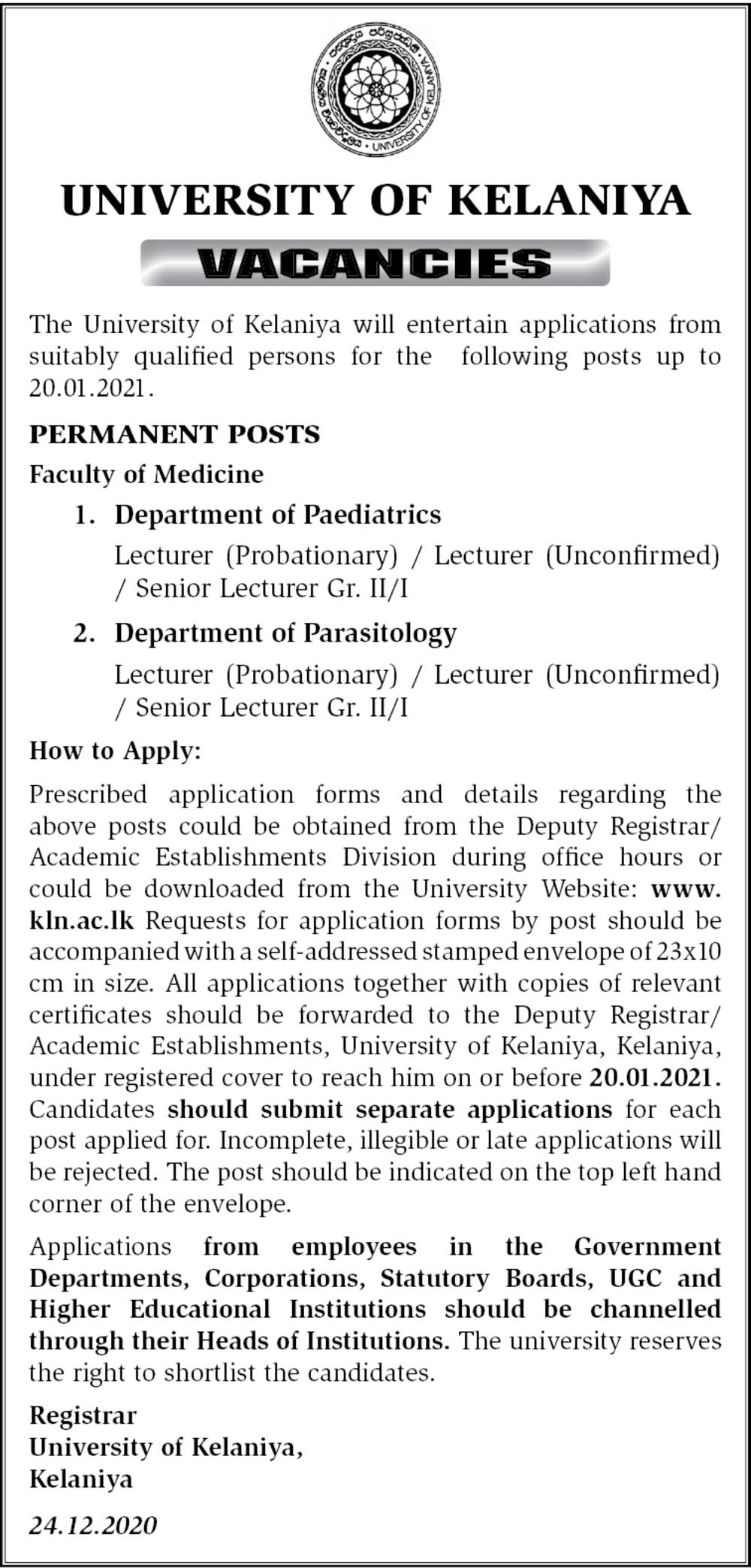 Lecturer (Probationary), Lecturer (Unconfirmed), Senior Lecturer (II / I) – University of Kelaniya