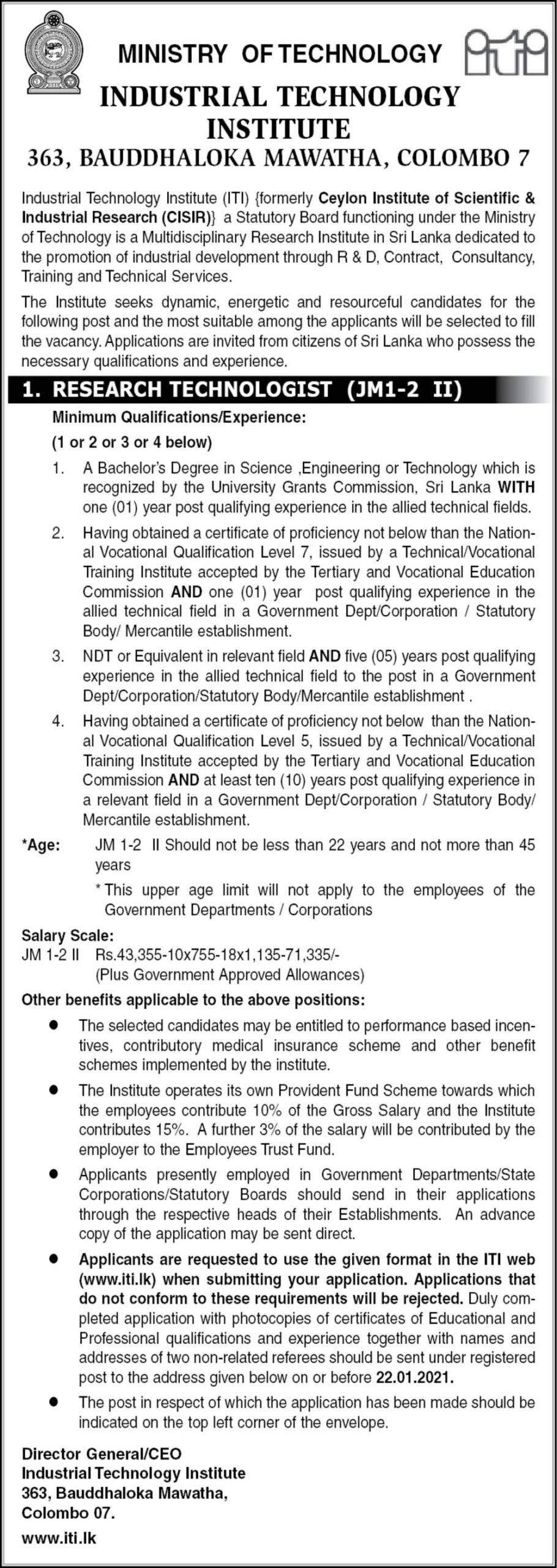 Research Technologist – Industrial Technology Institute