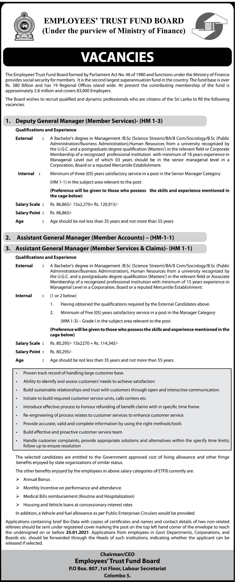 Employee’s Trust Fund Board Vacancies -Deputy General Manager, Assistant General Manager