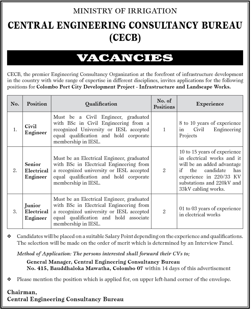 Civil Engineer, Junior Electrical Engineer, Senior Electrical Engineer – Central Engineering Consultancy Bureau english