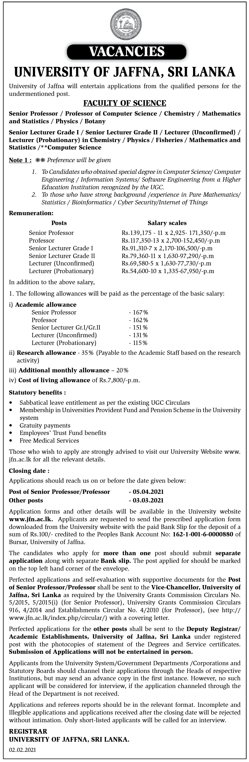 University of Jaffna Vacancies - Senior Professor, Professor, Senior Lecturer (Grade I / II), Lecturer – Faculty of Science 