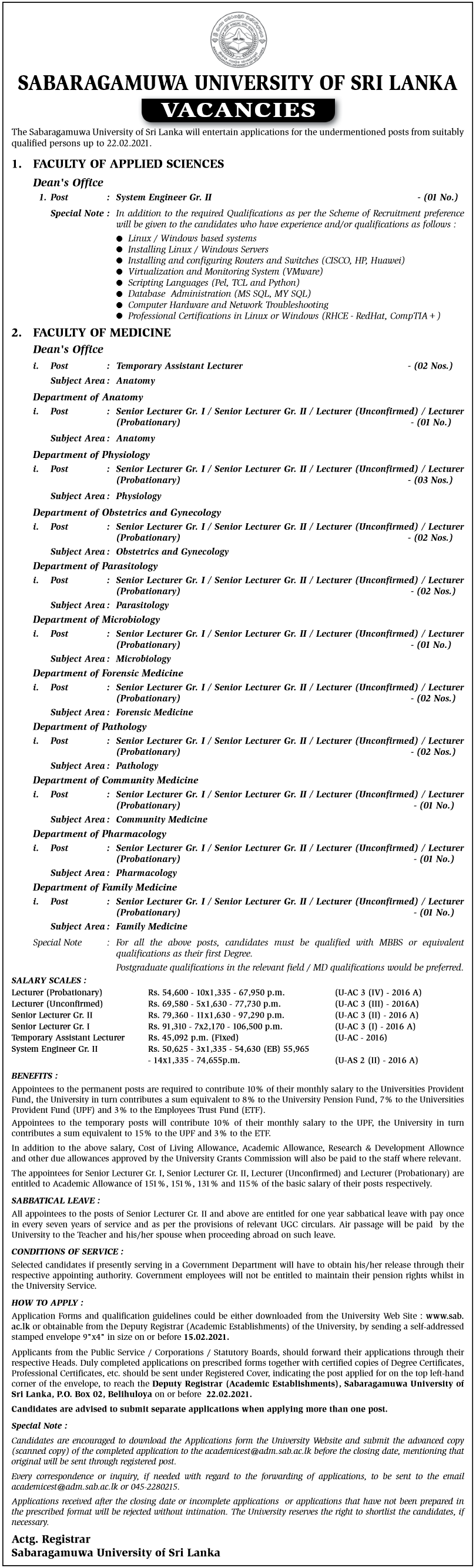 System Engineer, Temporary Assistant Lecturer, Senior Lecturer (Grade I / II), Lecturer (Probationary), Lecturer (Unconfirmed) – Sabaragamuwa University of Sri Lanka